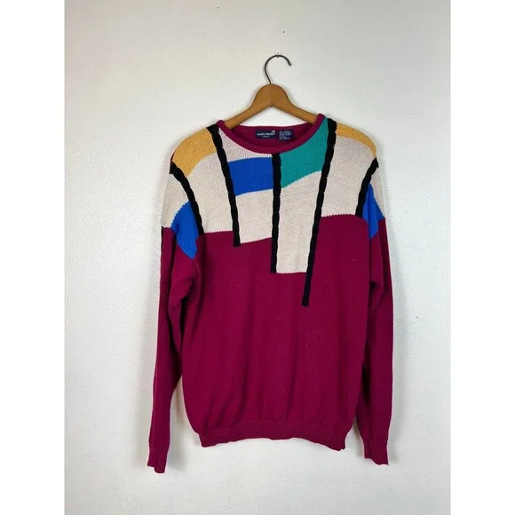 Vintage 100% Cotton 80s Stanley Blacker Geometric Sweater Large - Picture 1 of 5
